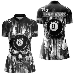 Personalized Black White 8 Ball Pool Melting Women Billiard Shirts, Grunge Skull Billiard Jerseys TDM2866