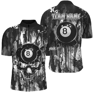 Personalized Black White 8 Ball Pool Melting Men Billiard Shirts, Grunge Skull Billiard Jerseys TDM2866