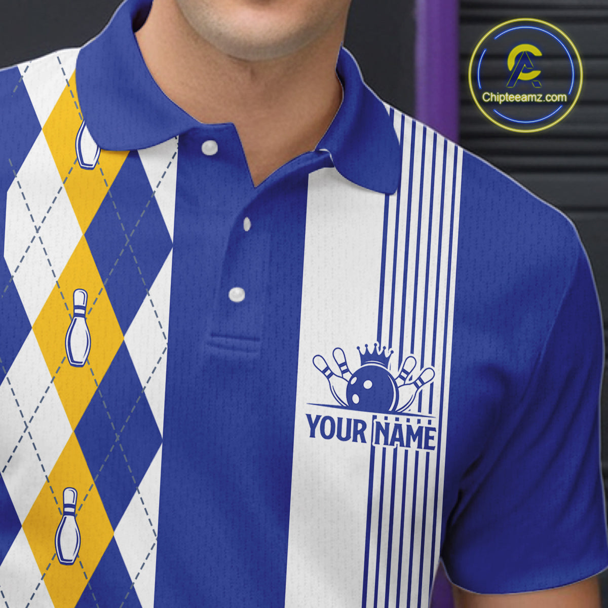Blue Yellow Argyle Bowling Retro Bowling Shirts For Men Custom Argyle Youth Bowling Team Jerseys NYN4997