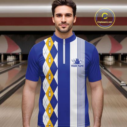Blue Yellow Argyle Bowling Retro Bowling Shirts For Men Custom Argyle Youth Bowling Team Jerseys NYN4997