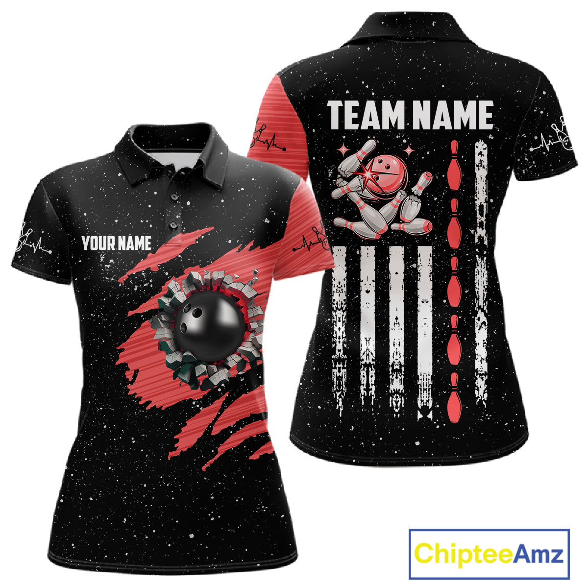 Custom Red Grunge US Flag Bowling Shirts For Women, Patriotic Bowling Team Jersey Polo & 1/4 Zip TDM8017