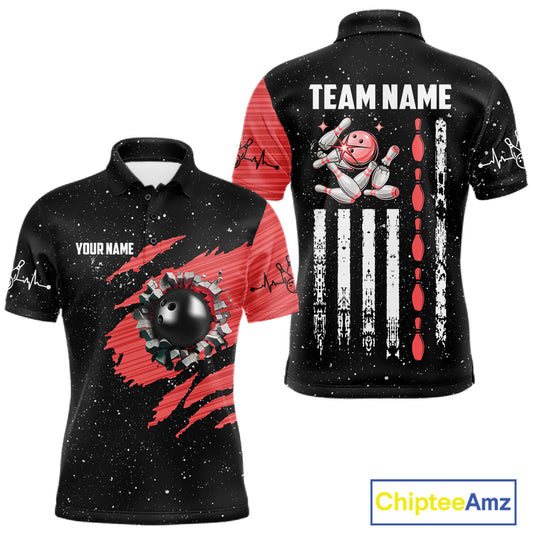 Custom Red Grunge US Flag Bowling Shirts For Men, Patriotic Bowling Team Jersey Polo & 1/4 Zip TDM8017