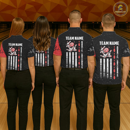 Custom Red Grunge US Flag Bowling Shirts For Women, Patriotic Bowling Team Jersey Polo & 1/4 Zip TDM8017