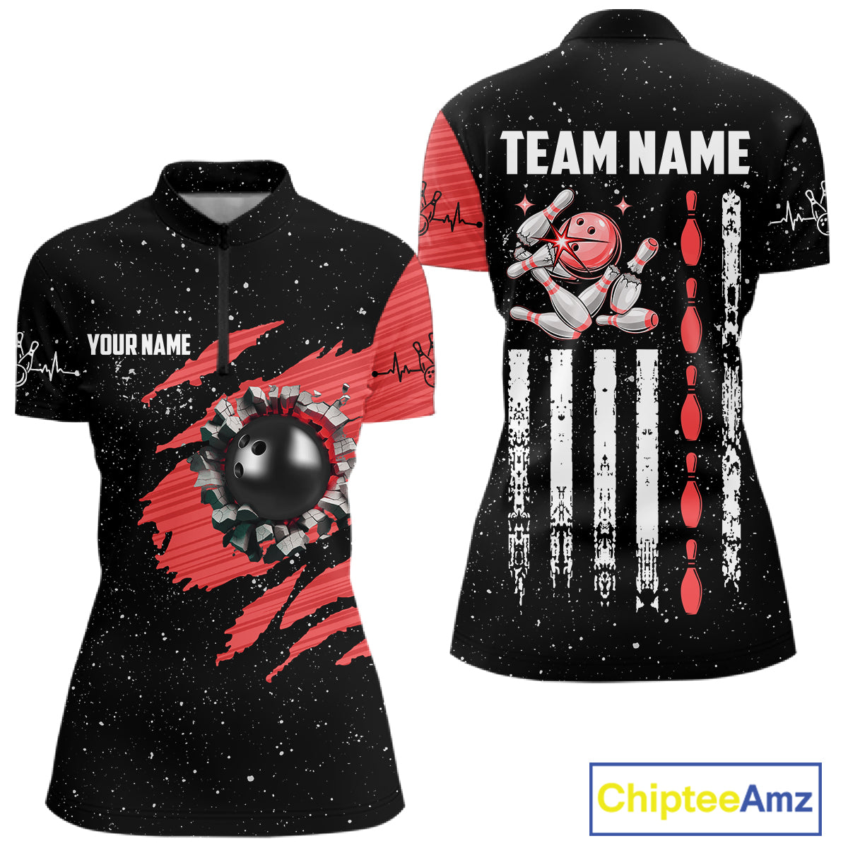Custom Red Grunge US Flag Bowling Shirts For Women, Patriotic Bowling Team Jersey Polo & 1/4 Zip TDM8017