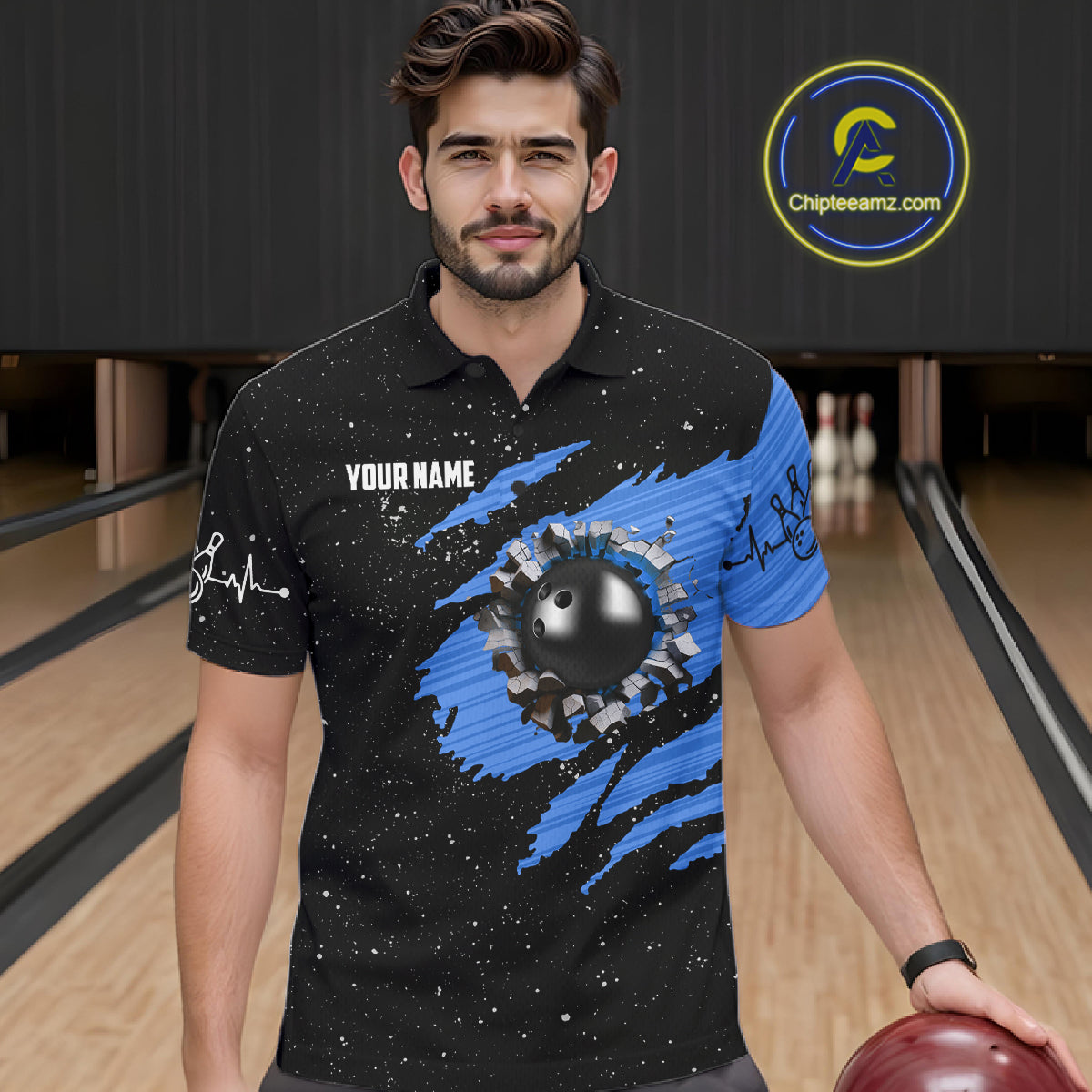 Custom Blue Grunge US Flag Bowling Shirts For Men, Patriotic Bowling Team Jersey Polo & 1/4 Zip TDM8018