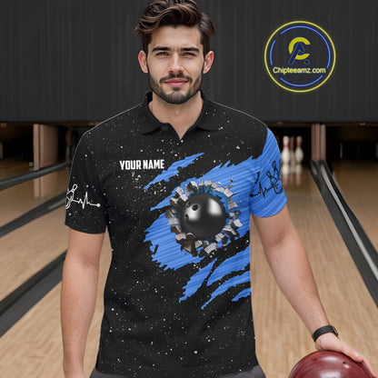 Custom Blue Grunge US Flag Bowling Shirts For Men, Patriotic Bowling Team Jersey Polo & 1/4 Zip TDM8018