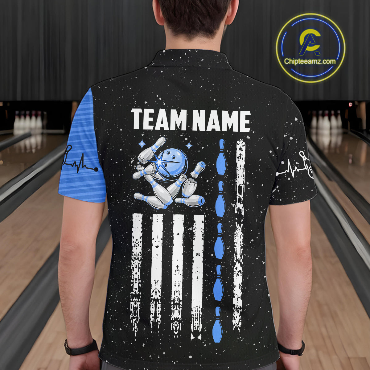 Custom Blue Grunge US Flag Bowling Shirts For Men, Patriotic Bowling Team Jersey Polo & 1/4 Zip TDM8018