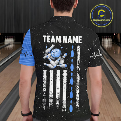 Custom Blue Grunge US Flag Bowling Shirts For Men, Patriotic Bowling Team Jersey Polo & 1/4 Zip TDM8018
