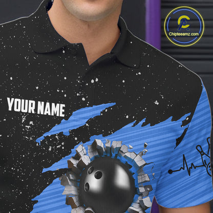 Custom Blue Grunge US Flag Bowling Shirts For Men, Patriotic Bowling Team Jersey Polo & 1/4 Zip TDM8018