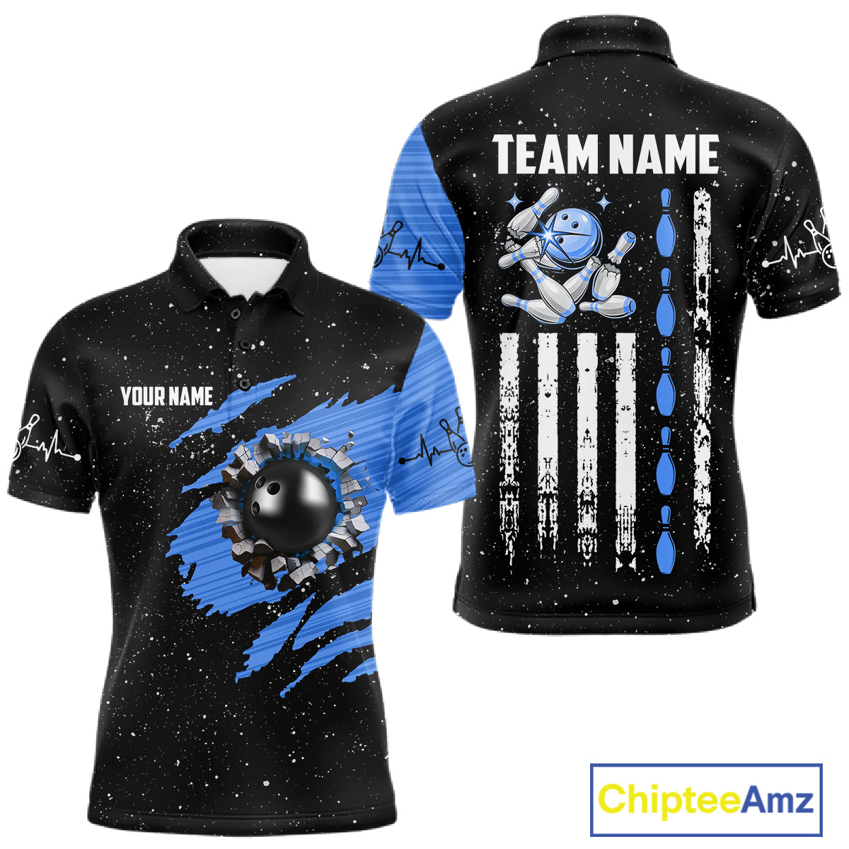 Custom Blue Grunge US Flag Bowling Shirts For Men, Patriotic Bowling Team Jersey Polo & 1/4 Zip TDM8018