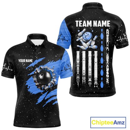 Custom Blue Grunge US Flag Bowling Shirts For Men, Patriotic Bowling Team Jersey Polo & 1/4 Zip TDM8018