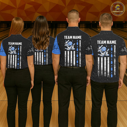 Custom Blue Grunge US Flag Bowling Shirts For Men, Patriotic Bowling Team Jersey Polo & 1/4 Zip TDM8018