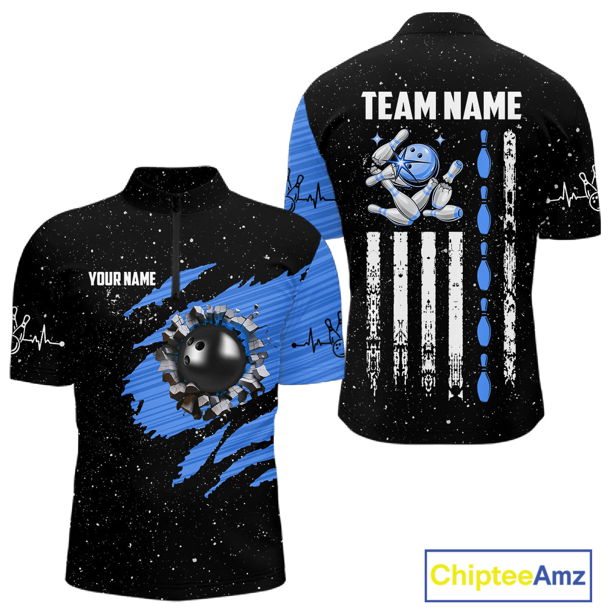 Custom Blue Grunge US Flag Bowling Shirts For Men, Patriotic Bowling Team Jersey Polo & 1/4 Zip TDM8018