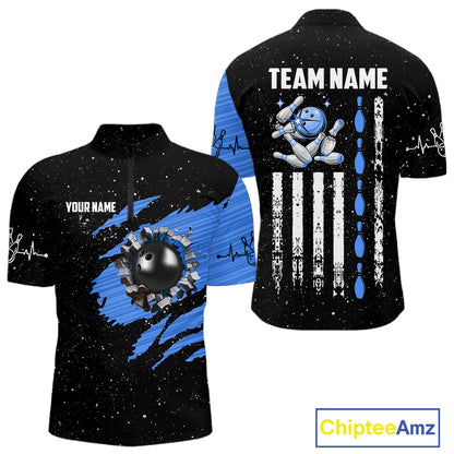 Custom Blue Grunge US Flag Bowling Shirts For Men, Patriotic Bowling Team Jersey Polo & 1/4 Zip TDM8018