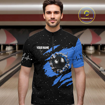 Custom Blue Grunge US Flag Bowling Shirts For Men, Patriotic Bowling Team Jersey Polo & 1/4 Zip TDM8018