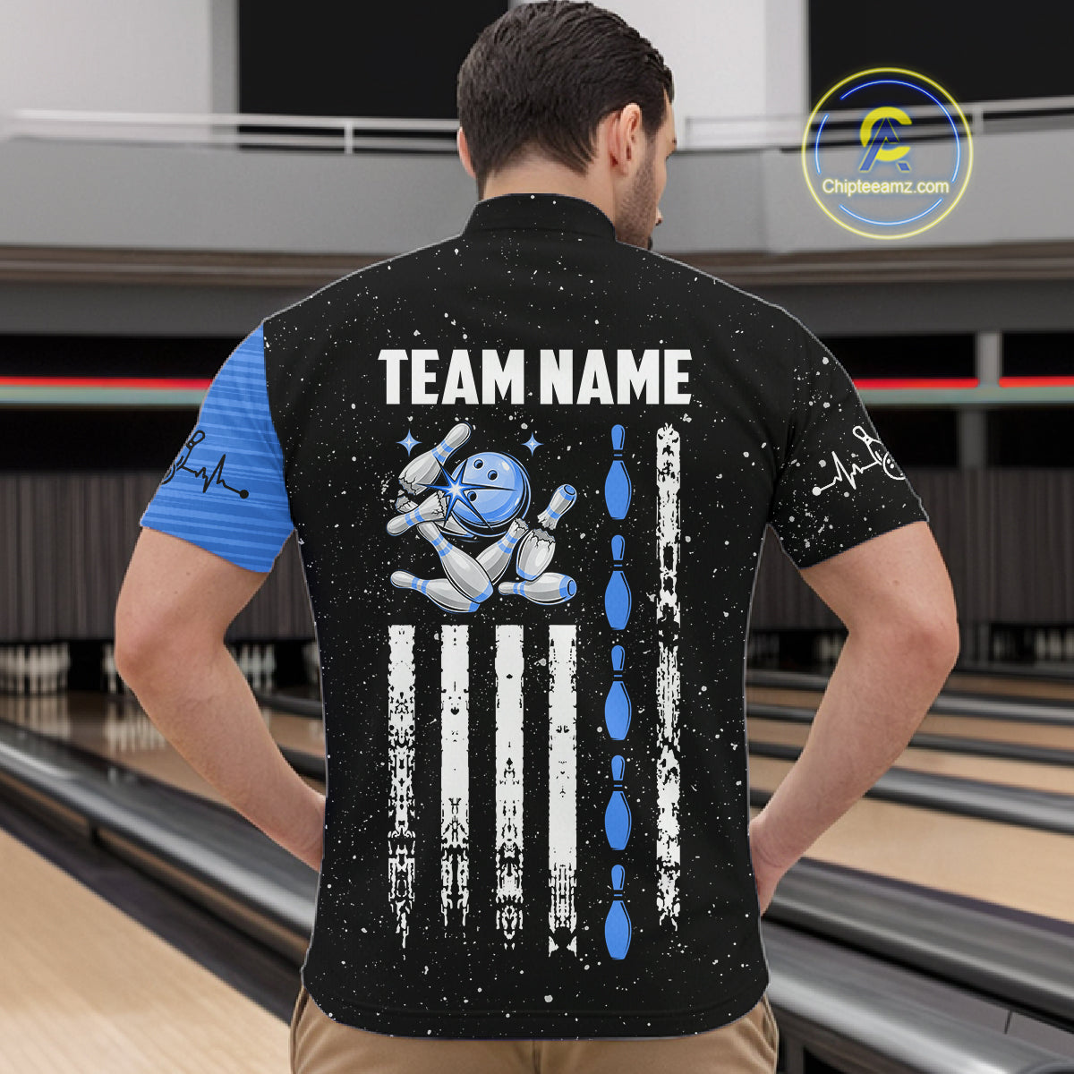 Custom Blue Grunge US Flag Bowling Shirts For Men, Patriotic Bowling Team Jersey Polo & 1/4 Zip TDM8018