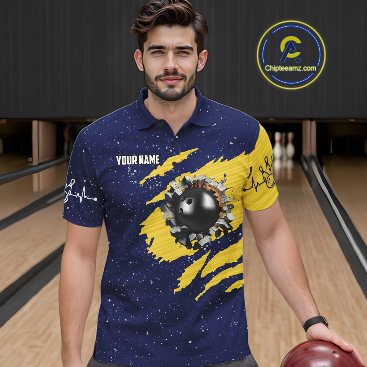 Blue And Yellow Grunge American Flag Bowling Shirts For Men Custom Patriotic Bowling Team Jersey TDM8019