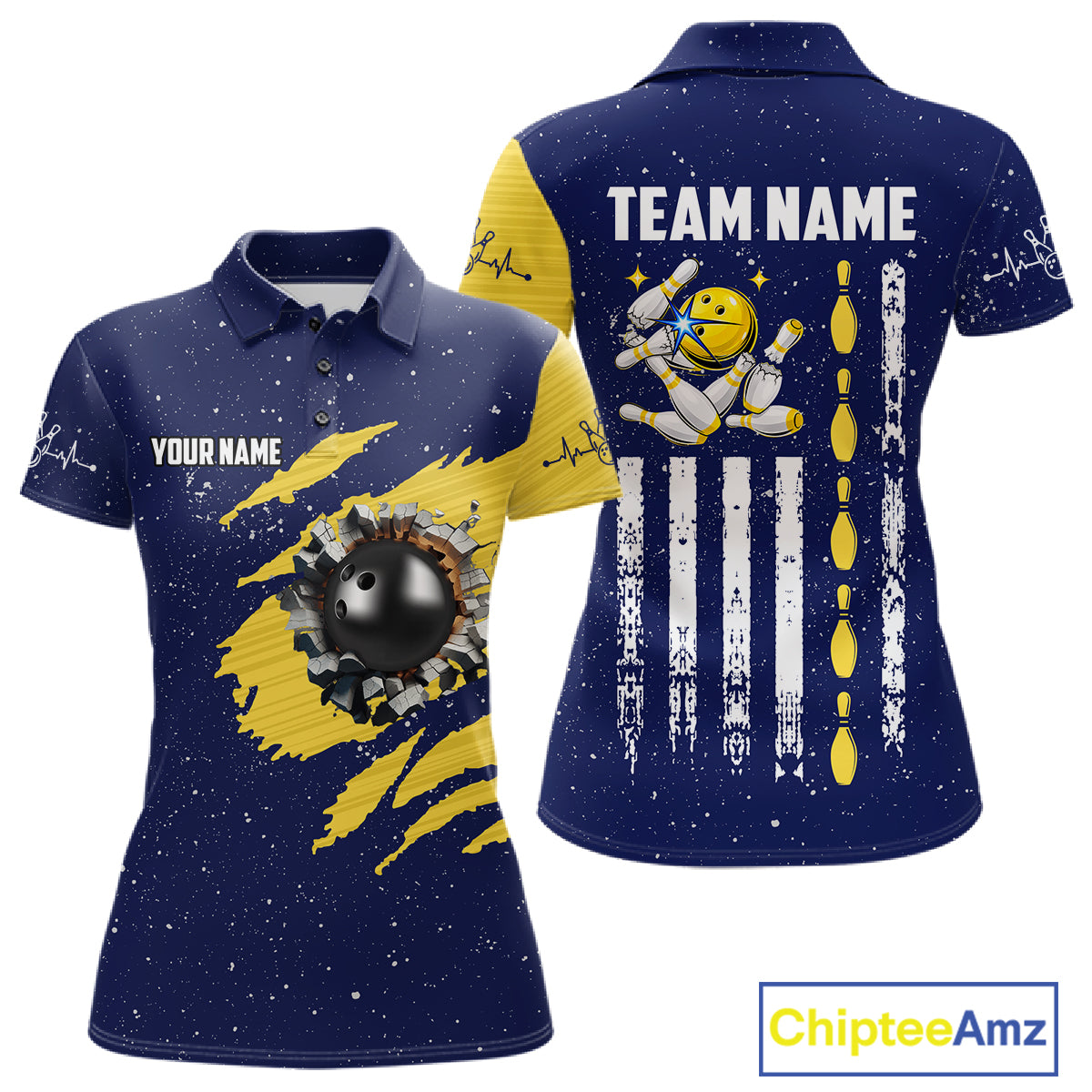 Blue And Yellow Grunge American Flag Bowling Shirts For Women Custom Patriotic Bowling Team Jersey TDM8019