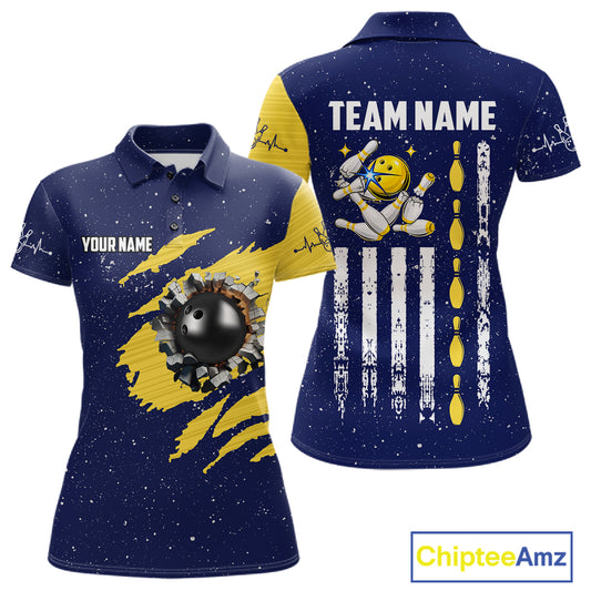 Blue And Yellow Grunge American Flag Bowling Shirts For Women Custom Patriotic Bowling Team Jersey TDM8019
