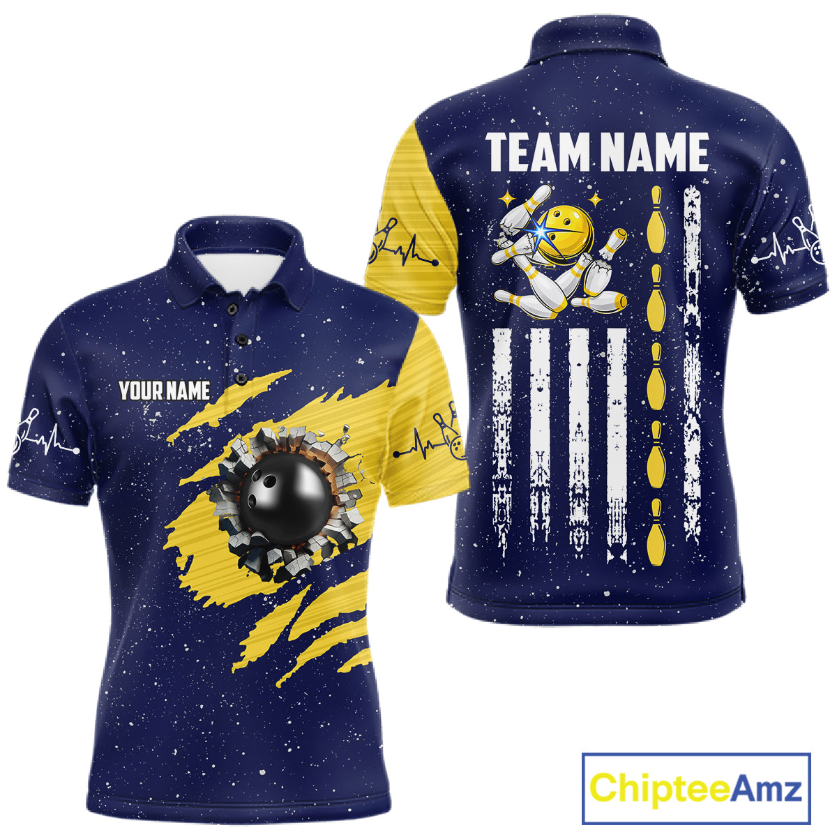 Blue And Yellow Grunge American Flag Bowling Shirts For Men Custom Patriotic Bowling Team Jersey TDM8019