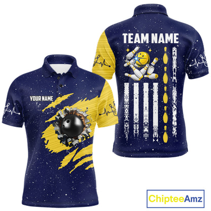 Blue And Yellow Grunge American Flag Bowling Shirts For Men Custom Patriotic Bowling Team Jersey TDM8019