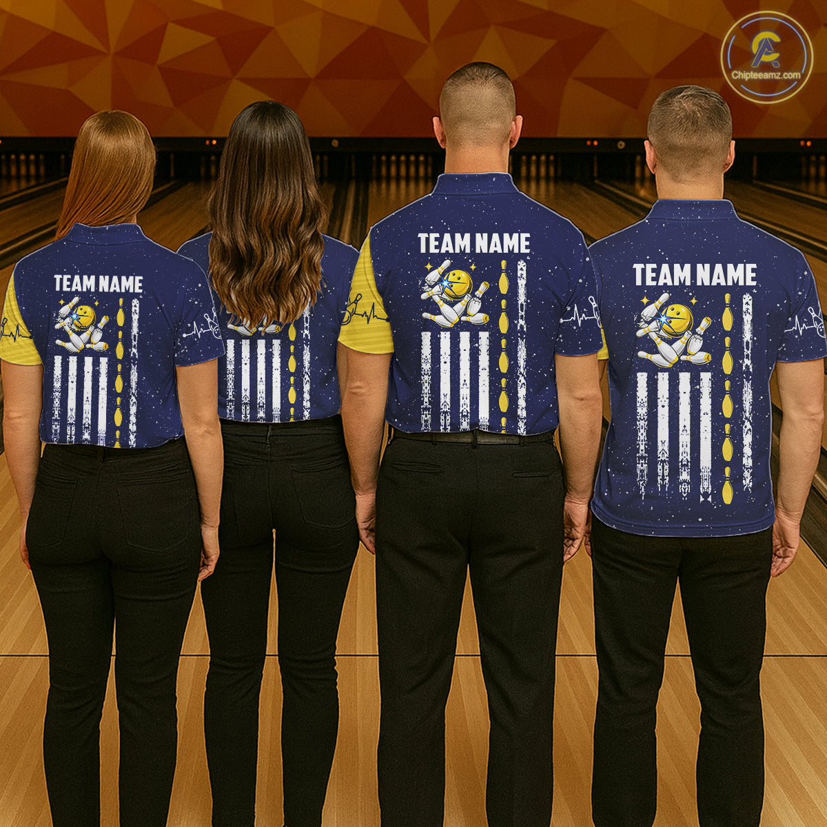 Blue And Yellow Grunge American Flag Bowling Shirts For Men Custom Patriotic Bowling Team Jersey TDM8019