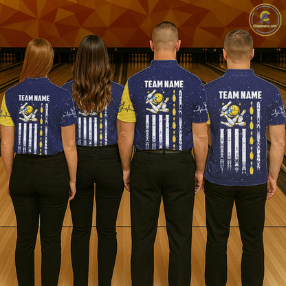 Blue And Yellow Grunge American Flag Bowling Shirts For Men Custom Patriotic Bowling Team Jersey TDM8019