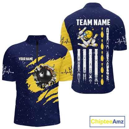 Blue And Yellow Grunge American Flag Bowling Shirts For Men Custom Patriotic Bowling Team Jersey TDM8019
