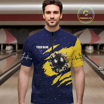 Blue And Yellow Grunge American Flag Bowling Shirts For Men Custom Patriotic Bowling Team Jersey TDM8019