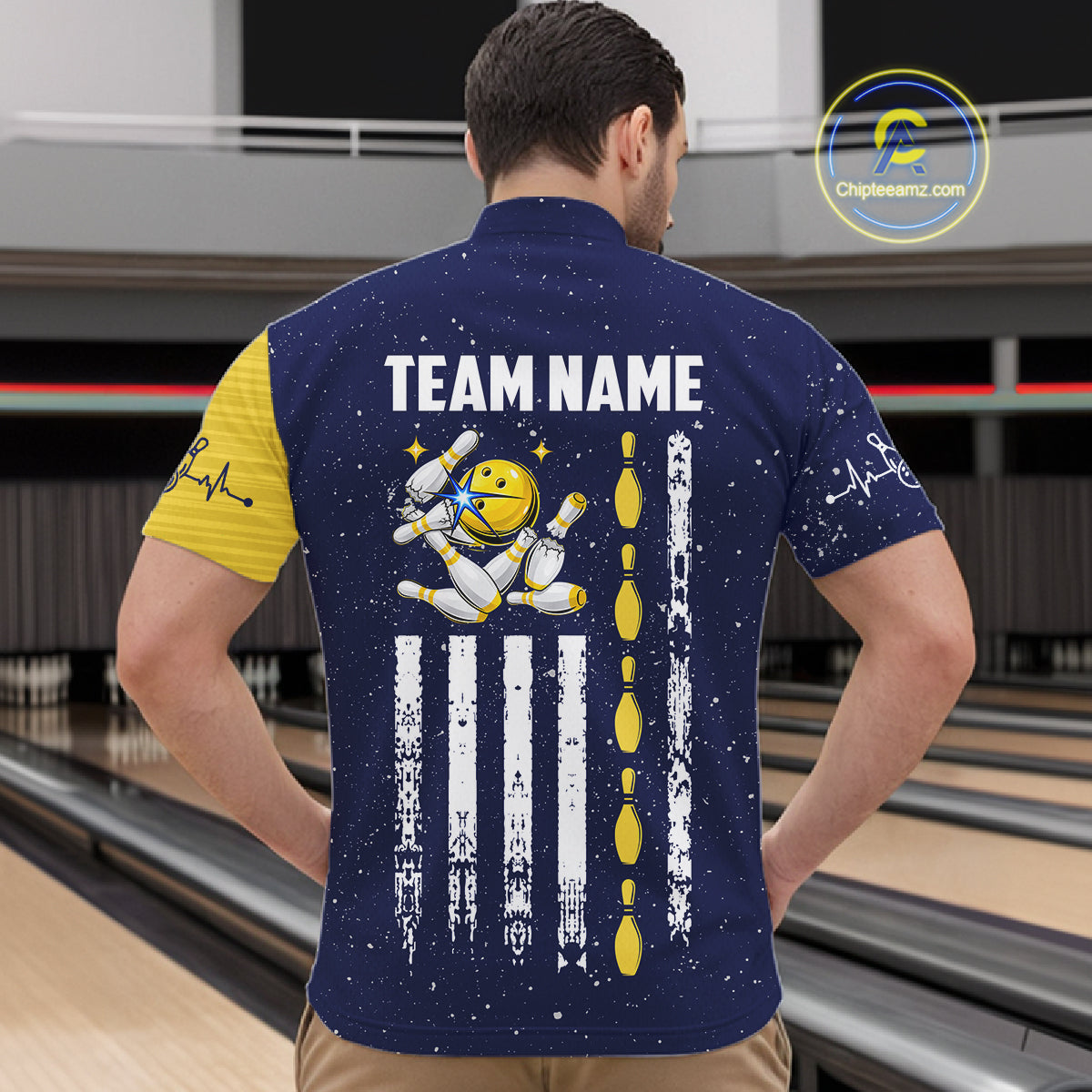 Blue And Yellow Grunge American Flag Bowling Shirts For Men Custom Patriotic Bowling Team Jersey TDM8019