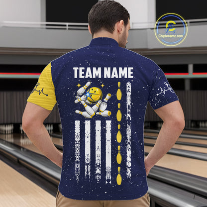 Blue And Yellow Grunge American Flag Bowling Shirts For Men Custom Patriotic Bowling Team Jersey TDM8019