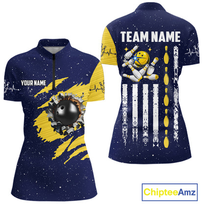 Blue And Yellow Grunge American Flag Bowling Shirts For Women Custom Patriotic Bowling Team Jersey TDM8019