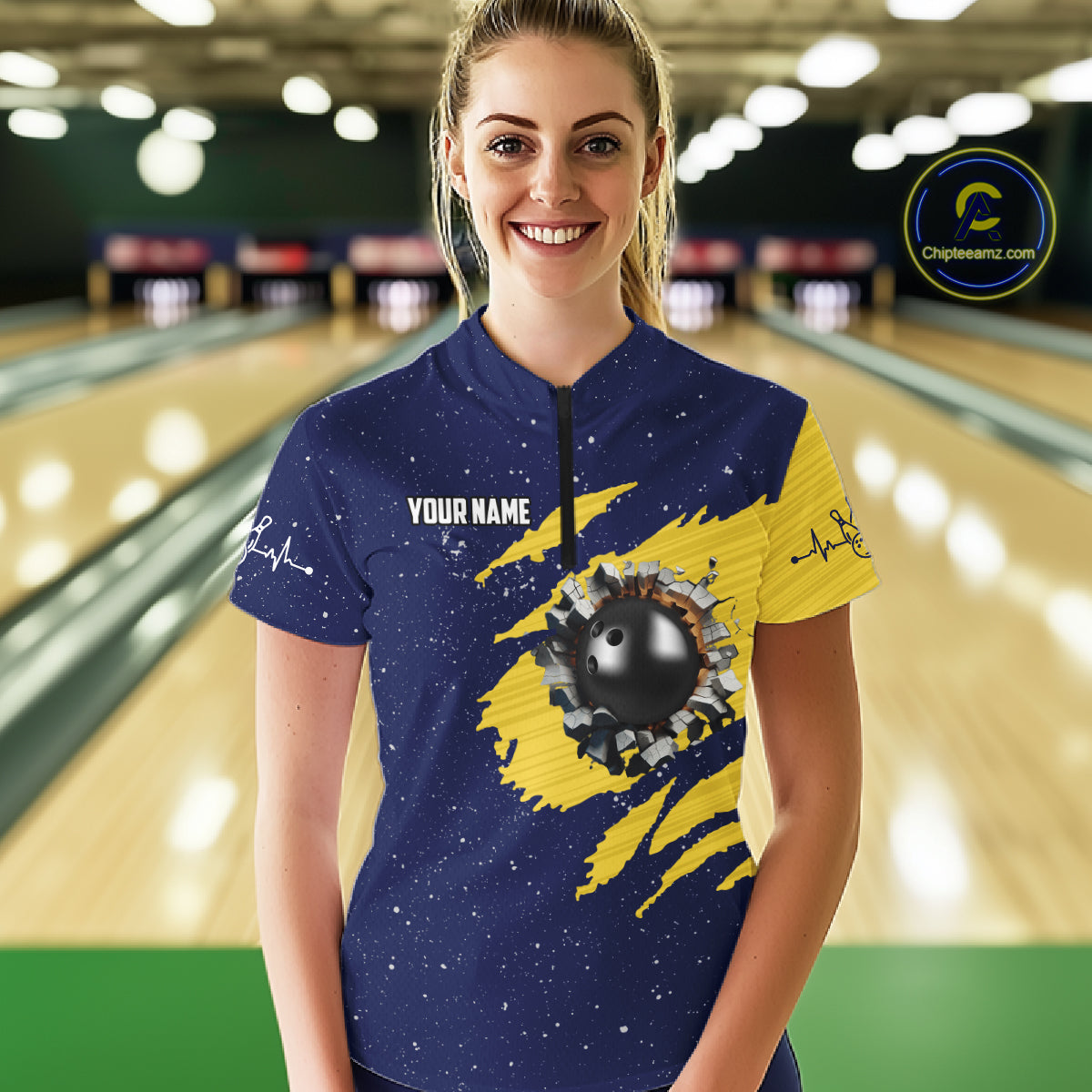 Blue And Yellow Grunge American Flag Bowling Shirts For Women Custom Patriotic Bowling Team Jersey TDM8019