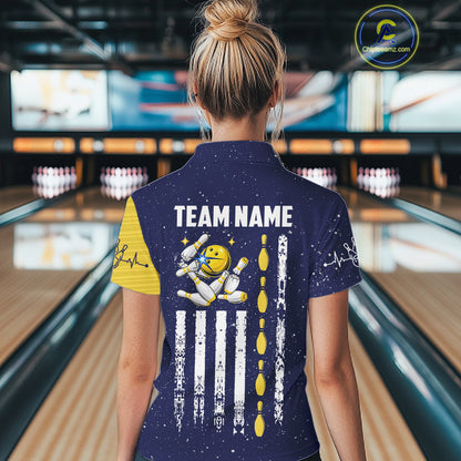 Blue And Yellow Grunge American Flag Bowling Shirts For Women Custom Patriotic Bowling Team Jersey TDM8019