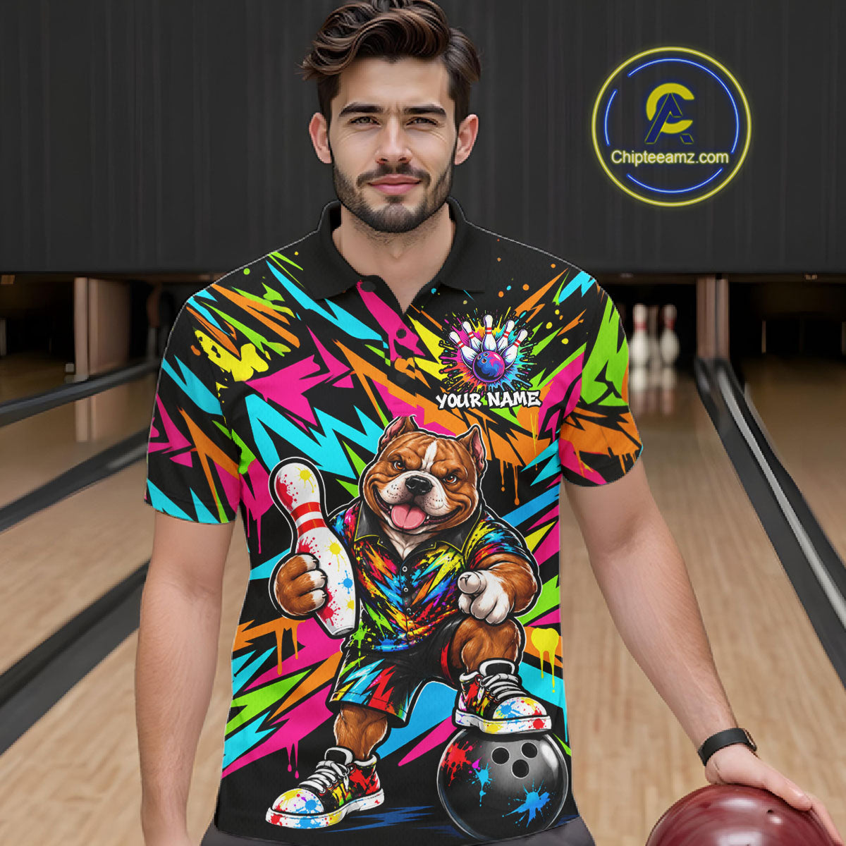 Funny American Bully Dog Bowling Shirts For Men Custom Colorful Graffiti Bowling Team Jersey TDM8028