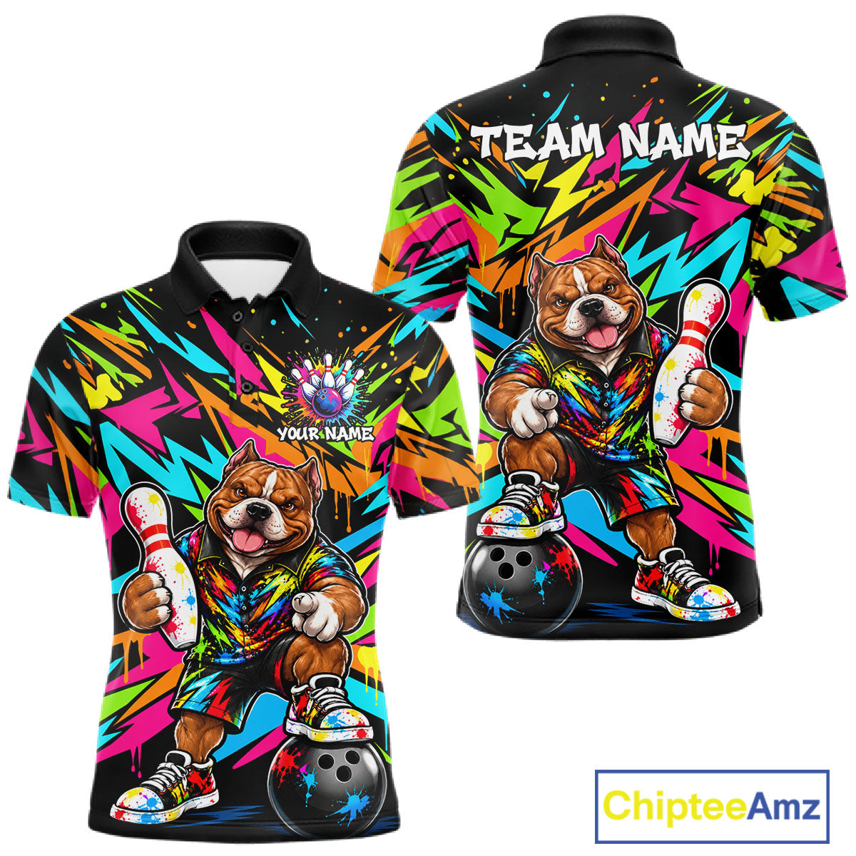 Funny American Bully Dog Bowling Shirts For Men Custom Colorful Graffiti Bowling Team Jersey TDM8028