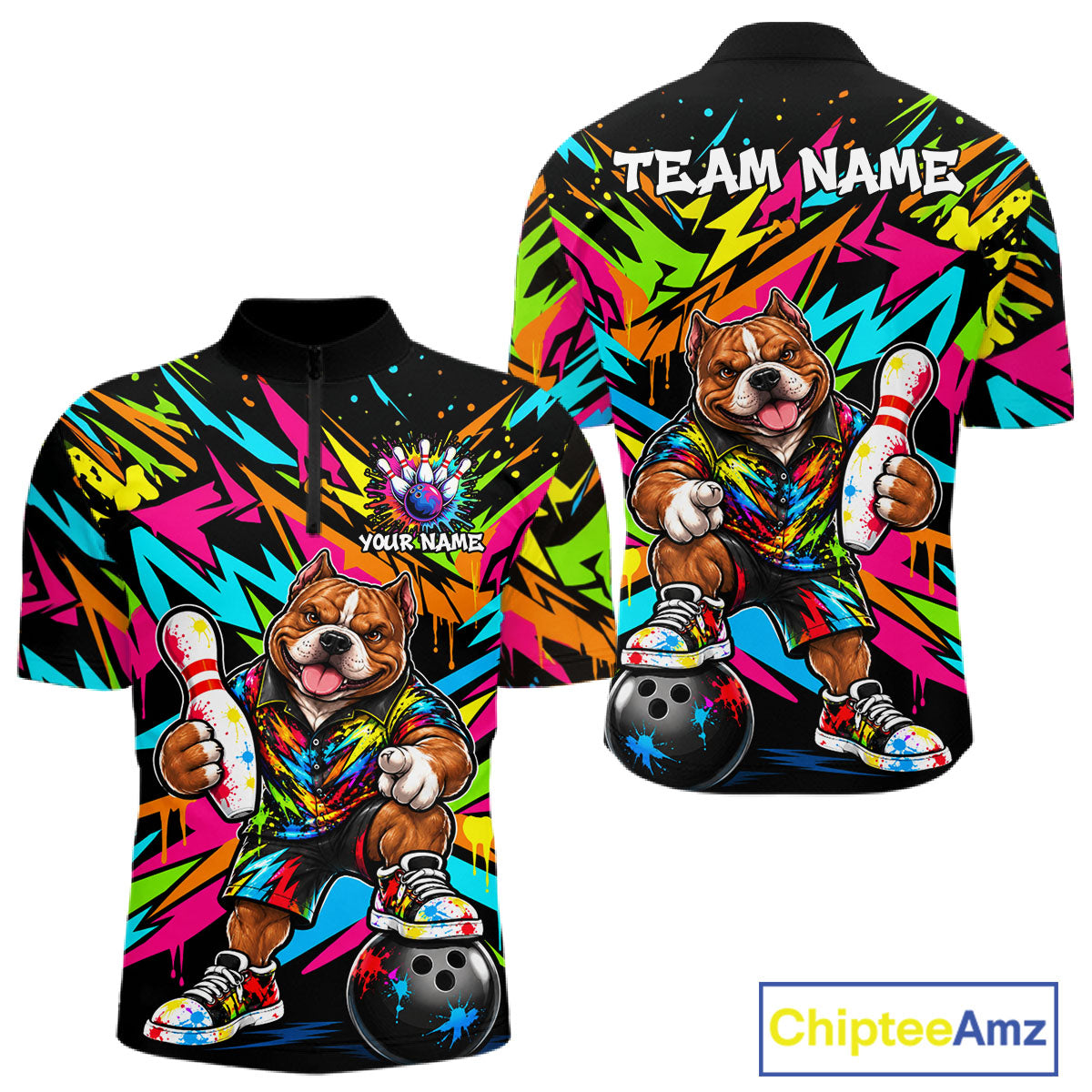 Funny American Bully Dog Bowling Shirts For Men Custom Colorful Graffiti Bowling Team Jersey TDM8028