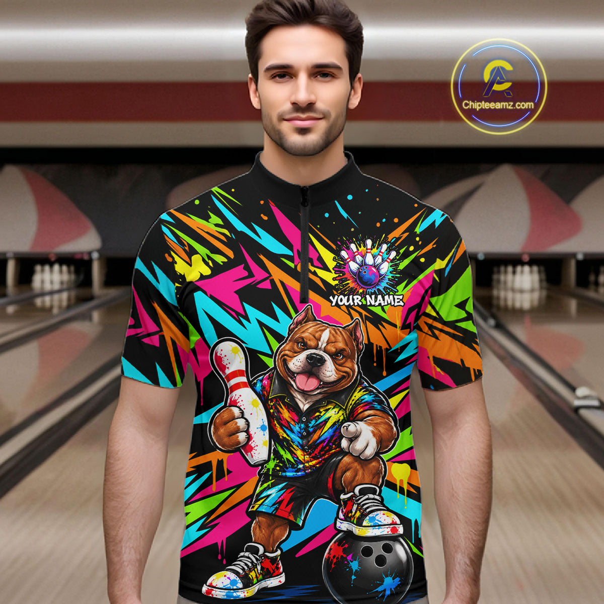 Funny American Bully Dog Bowling Shirts For Men Custom Colorful Graffiti Bowling Team Jersey TDM8028