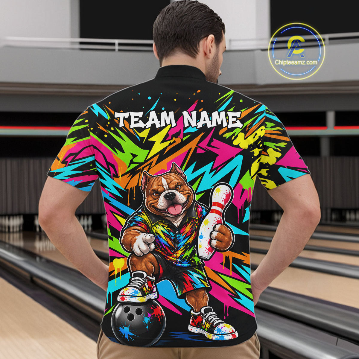 Funny American Bully Dog Bowling Shirts For Men Custom Colorful Graffiti Bowling Team Jersey TDM8028