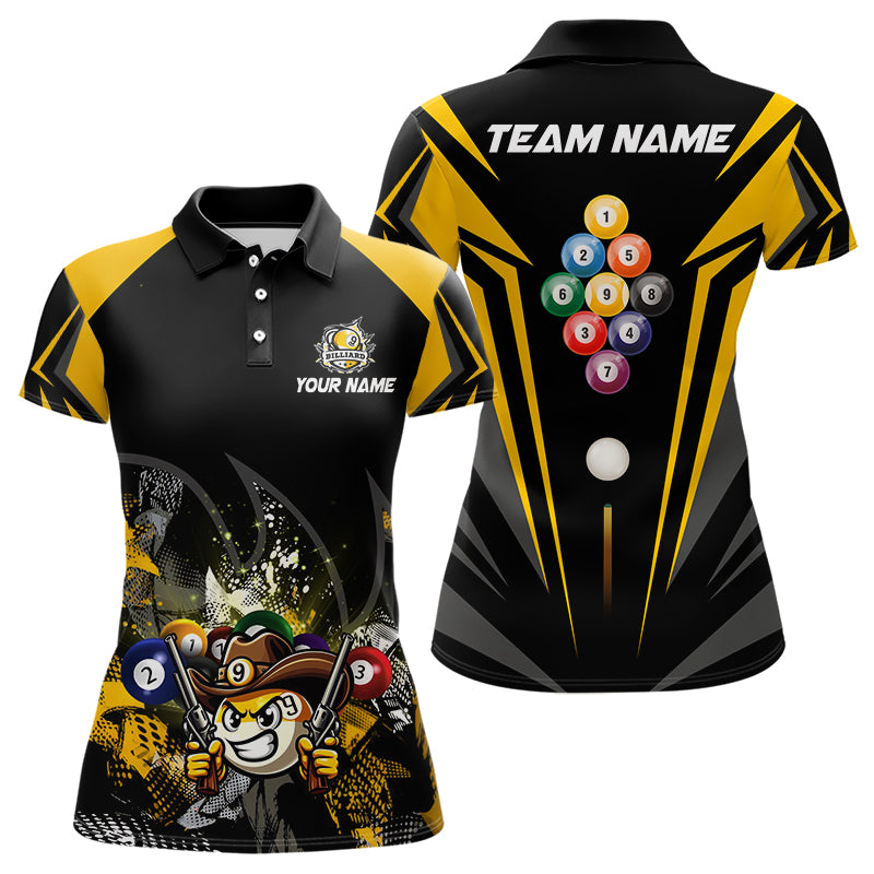 Funny 9 Ball Cowhand Billiard Shirts For Women Custom Yellow Black 9 Ball Pool Billiard Jerseys TDM3106