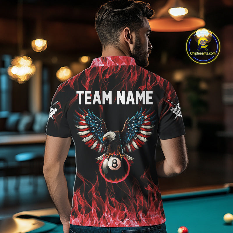 Red Flaming American Flag Eagle 8 Ball Billiard Shirt For Men Custom Patriotic Pool Team Jersey TDM5587