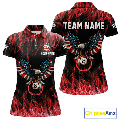 Red Flaming American Flag Eagle 8 Ball Billiard Shirt For Women Custom Patriotic Pool Team Jersey TDM5587