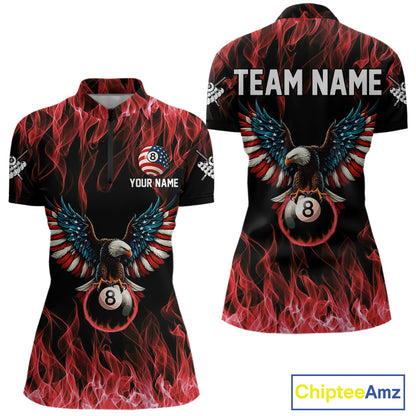 Red Flaming American Flag Eagle 8 Ball Billiard Shirt For Women Custom Patriotic Pool Team Jersey TDM5587