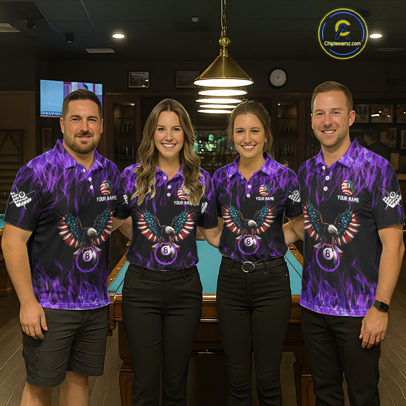 Purple Flaming American Flag Eagle 8 Ball Billiard Shirt For Women Custom Patriotic Pool Team Jersey TDM5588