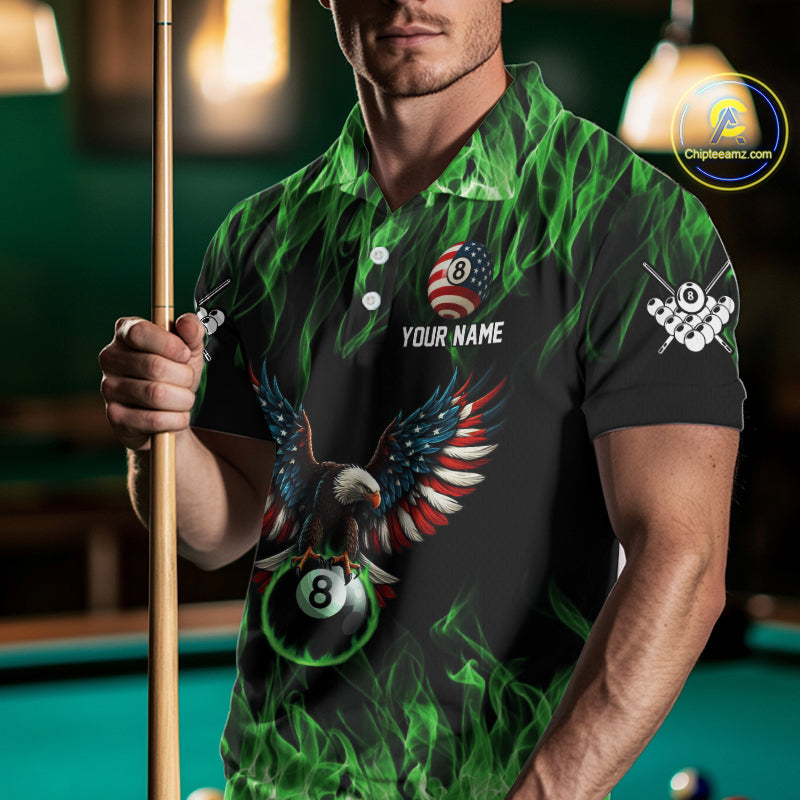 Green Flaming American Flag Eagle 8 Ball Billiard Shirt For Men Custom Patriotic Pool Team Jersey TDM5589
