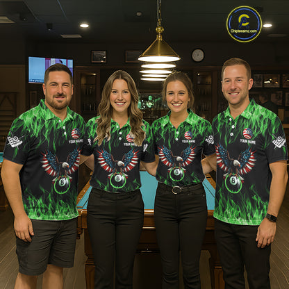 Green Flaming American Flag Eagle 8 Ball Billiard Shirt For Men Custom Patriotic Pool Team Jersey TDM5589