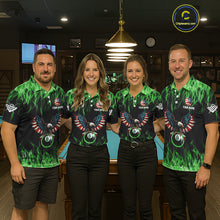 Load image into Gallery viewer, Green Flaming American Flag Eagle 8 Ball Billiard Shirt For Men Custom Patriotic Pool Team Jersey TDM5589