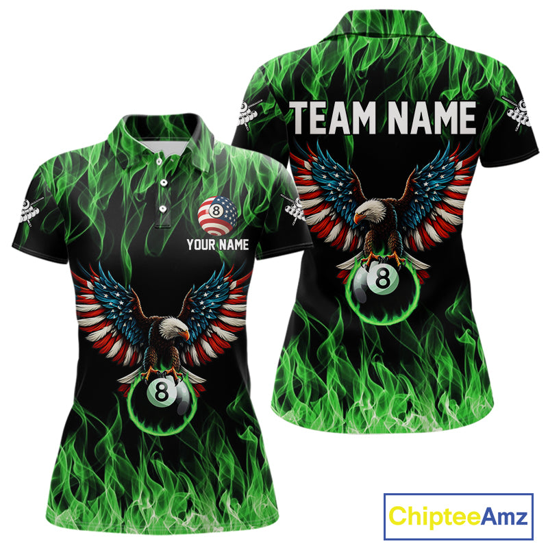 Green Flaming American Flag Eagle 8 Ball Billiard Shirt For Women Custom Patriotic Pool Team Jersey TDM5589