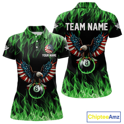 Green Flaming American Flag Eagle 8 Ball Billiard Shirt For Women Custom Patriotic Pool Team Jersey TDM5589