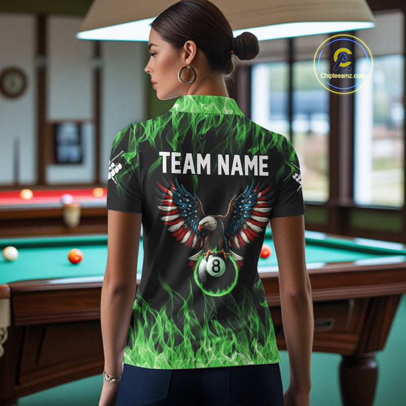 Green Flaming American Flag Eagle 8 Ball Billiard Shirt For Women Custom Patriotic Pool Team Jersey TDM5589